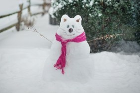 A snowman made in the shape of a cat.