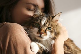 A woman tightly hugging a tabby cat, lost and returned to family.