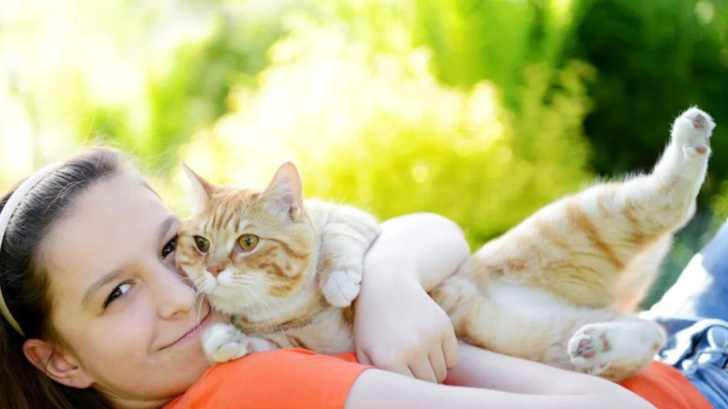 A girl cuddling with a cat, like the teenage girl who sought comfort from a hospital cat in the UK.