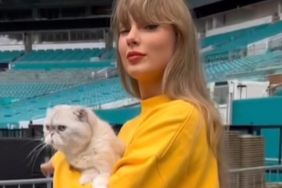 Taylor Swift with her cat Olivia at the Eras Tour show venue in Miami.