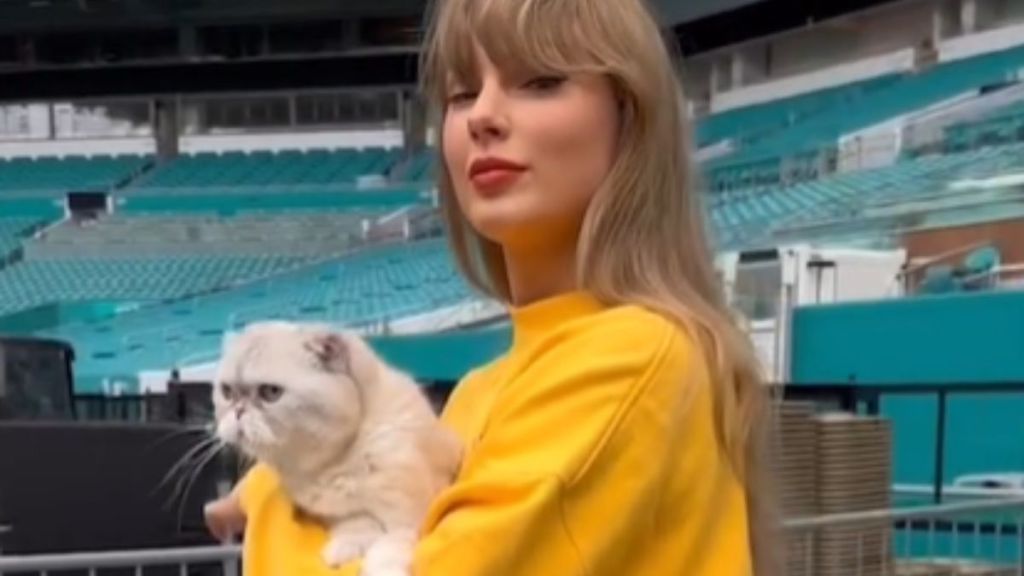 Taylor Swift with her cat Olivia at the Eras Tour show venue in Miami.